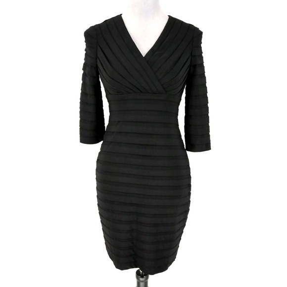 Adrianna Papell Dress Petite 4P Black Pleated Stretch Lined V Neck Sexy Wedding - Picture 1 of 13